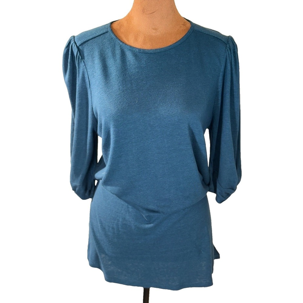 H by Bordeaux Top Women Medium Teal Blue Puff Sleeve Linen Blend Shirt Elevated